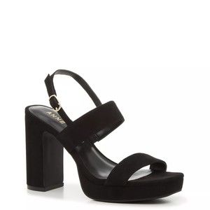 Anne Klein Womens Zoelle Block Heeled Dress Sandals, Black Fabric, 8.5